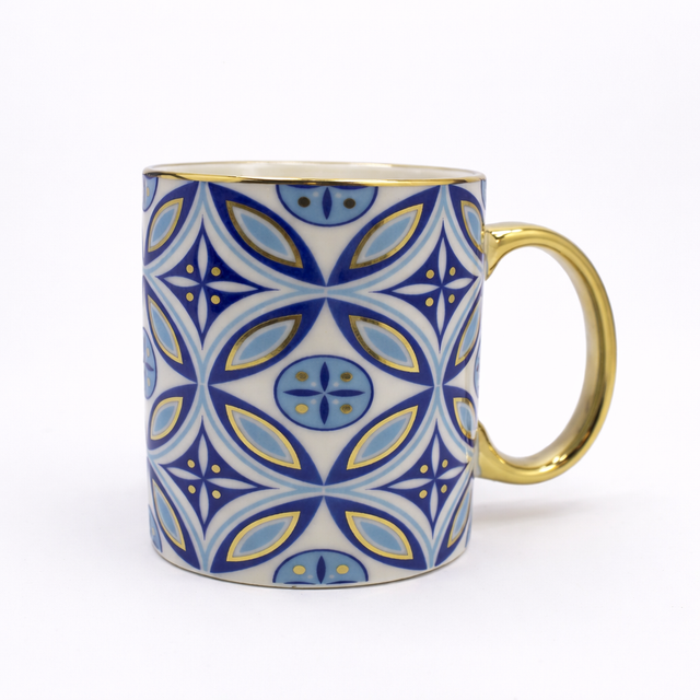 Cuire Golden Blue Floral Ceramic Coffee Mug | Mug for Him & Her | Perfect for Gifting | 360ml (Set of 1)