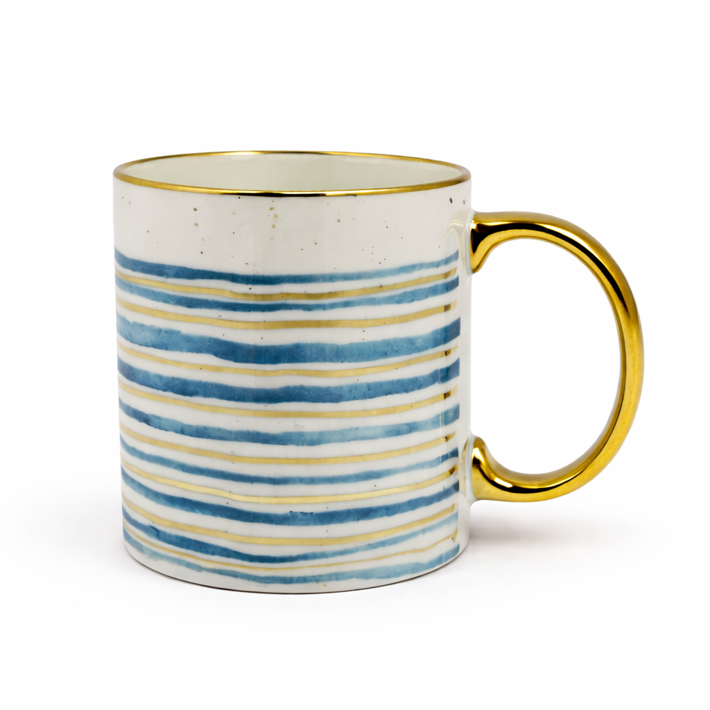 Cuire Blue and Golden Striped Ceramic Coffee Mug | Mug for Him & Her | Perfect for Gifting | 340ml (Set of 1)