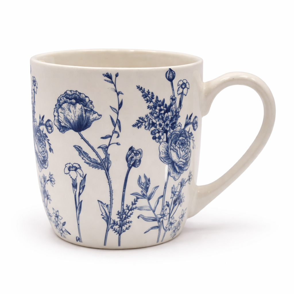 Cuire Floral Blue & White Ceramic Coffee Mug | Mug for Him & Her | Perfect for Gifting | 580ml (Set of 1)