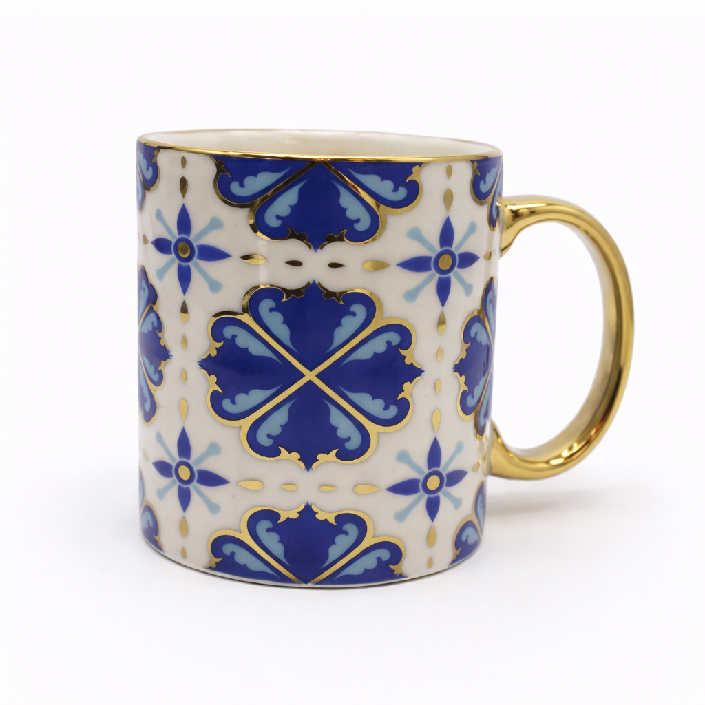 Cuire Golden Blue Floral Ceramic Coffee Mug | Mug for Him & Her | Perfect for Gifting | 360ml (Set of 1)