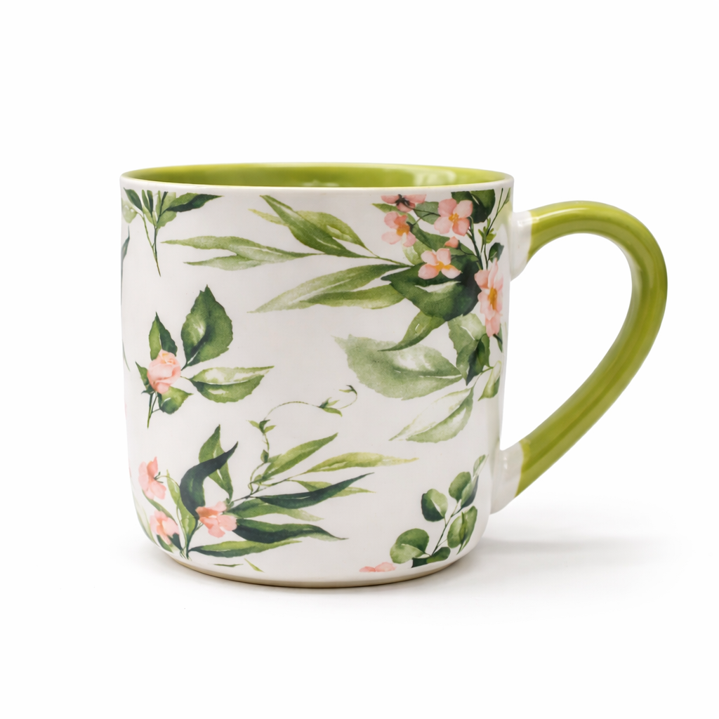 Cuire Green Floral Ceramic Coffee Mug | Mug for Him & Her | Perfect for Gifting | 450ml (Set of 1)