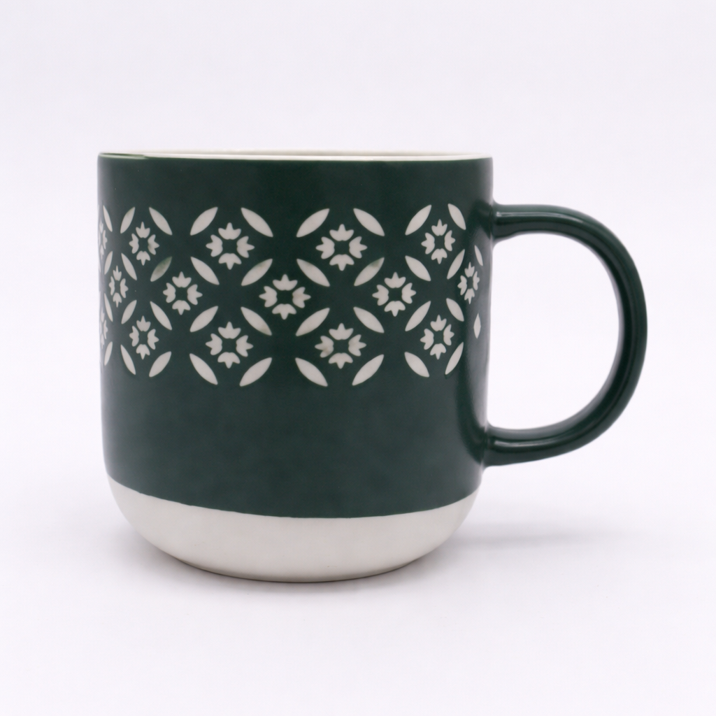 Cuire Dark Green Floral Ceramic Coffee Mug | Mug for Him & Her | Perfect for Gifting | 365ml (Set of 1)