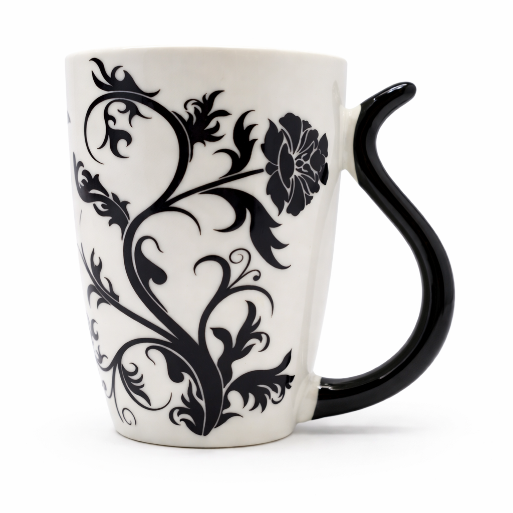 Cuire Floral White with Black Butterfly Ceramic Coffee Mug | Mug for Him & Her | Perfect for Gifting | 400ml (Set of 1)