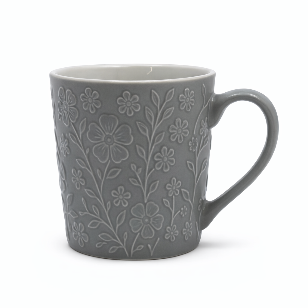 Cuire Floral Embossed Grey Ceramic Coffee Mug | Mug for Him & Her | Perfect for Gifting | 520ml (Set of 1)