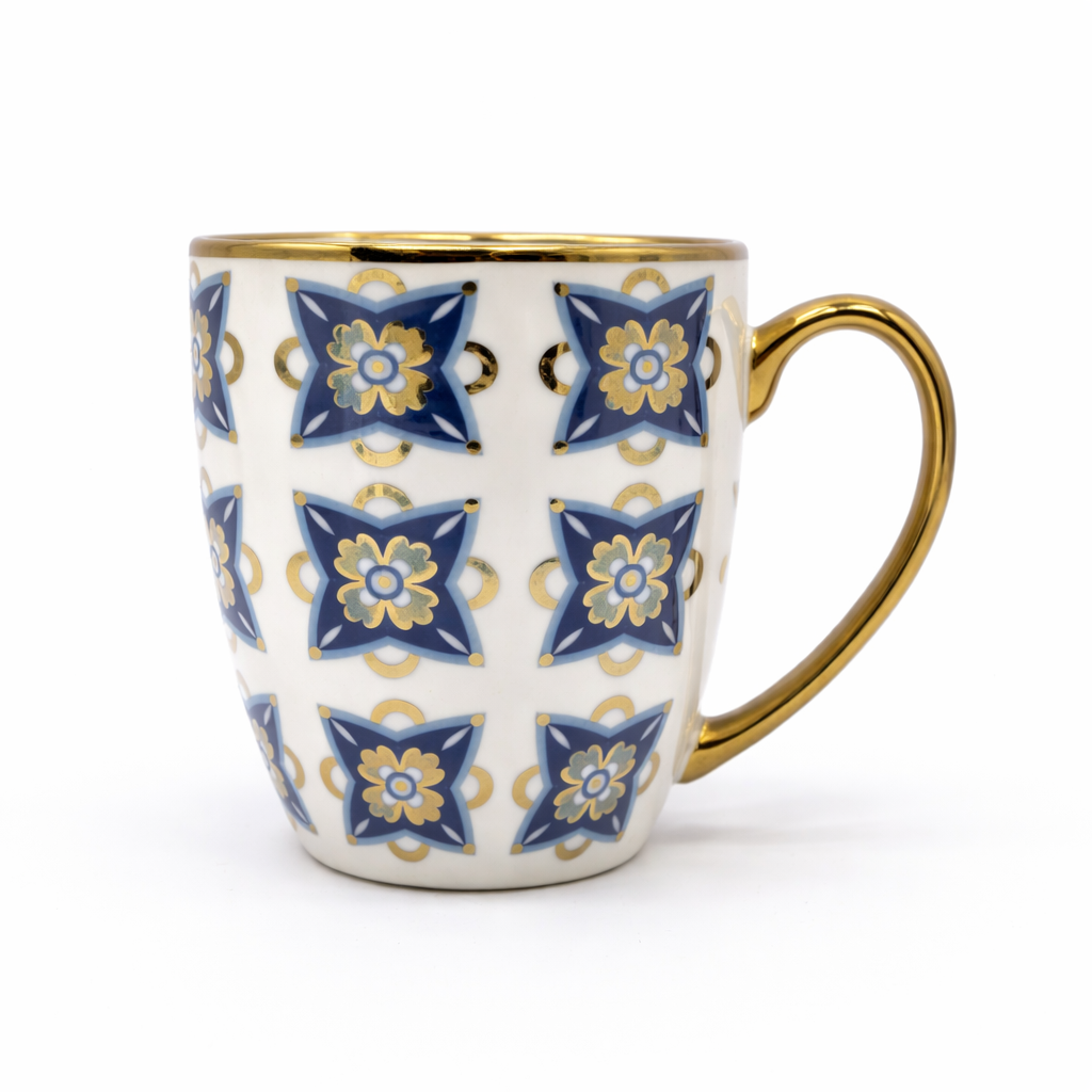 Cuire Blue and Golden Pattern Premium Coffee Mug | Mug for Him & Her | Perfect for Gifting | 370ml (Set of 1)