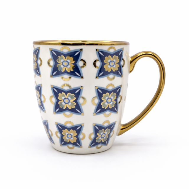 Cuire Blue and Golden Pattern Premium Coffee Mug | Mug for Him & Her | Perfect for Gifting | 370ml (Set of 1)