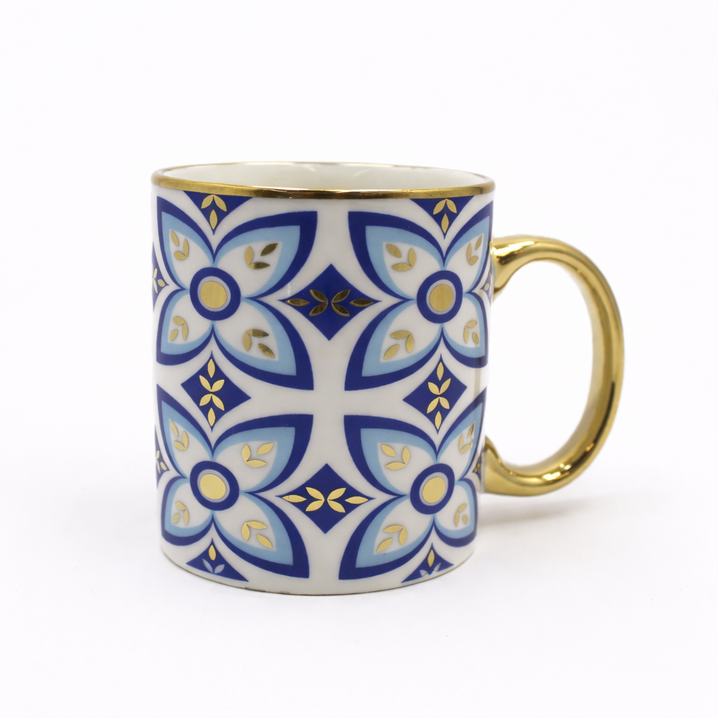 Cuire Golden Blue Floral Ceramic Coffee Mug | Mug for Him & Her | Perfect for Gifting | 360ml (Set of 1)