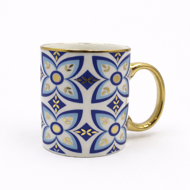 Cuire Golden Blue Floral Ceramic Coffee Mug | Mug for Him & Her | Perfect for Gifting | 360ml (Set of 1)