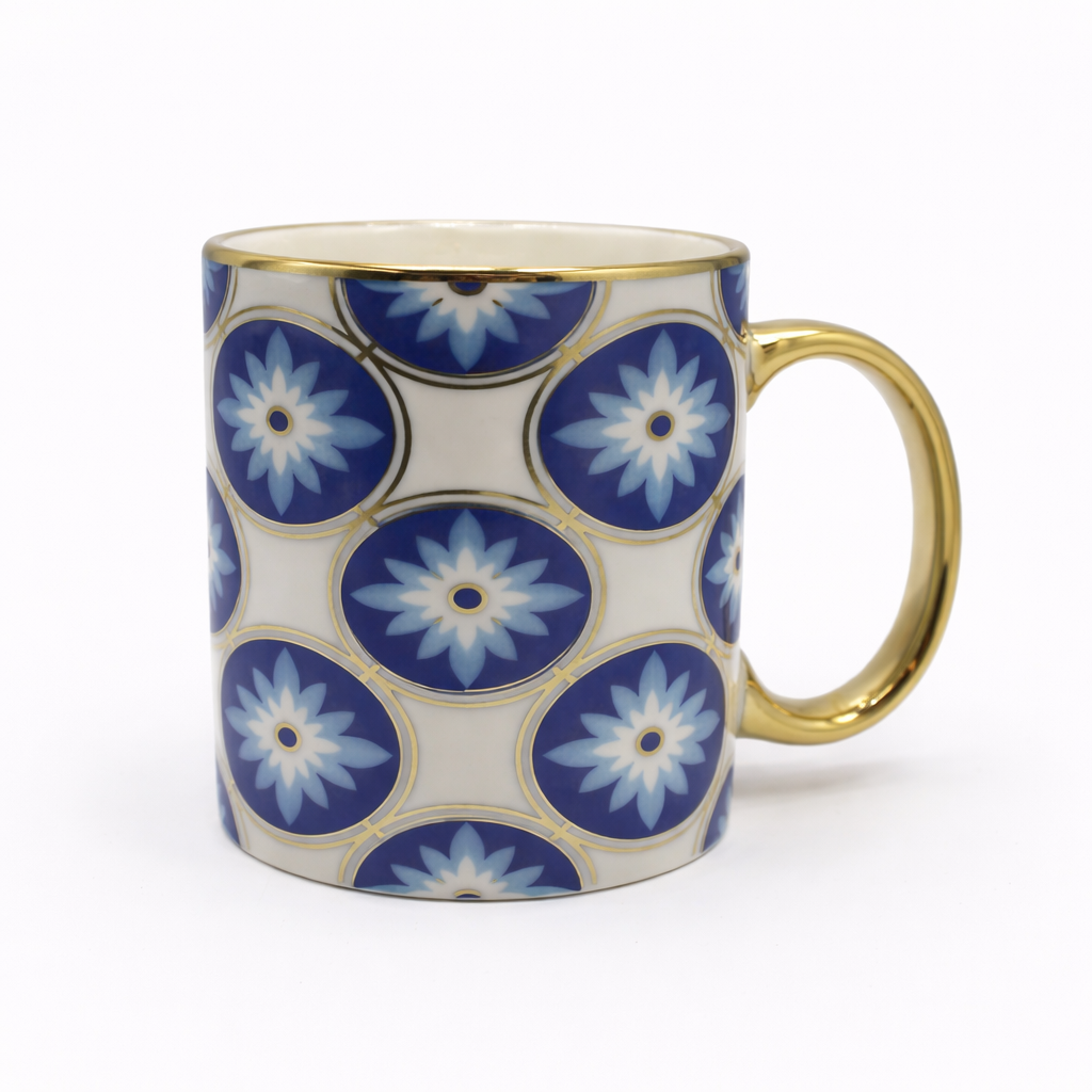 Cuire Golden Blue Floral Ceramic Coffee Mug | Mug for Him & Her | Perfect for Gifting | 360ml (Set of 1)