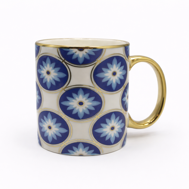 Cuire Golden Blue Floral Ceramic Coffee Mug | Mug for Him & Her | Perfect for Gifting | 360ml (Set of 1)