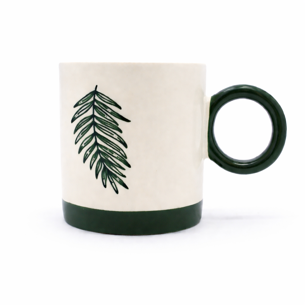 Cuire Green Fern Ceramic Coffee Mug | Mug for Him & Her | Perfect for Gifting | 370ml (Set of 1)