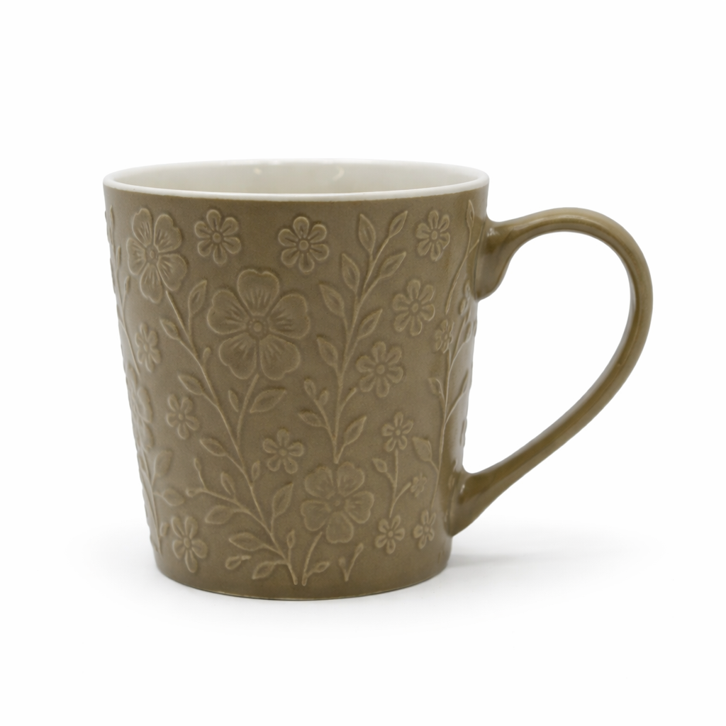Cuire Floral Embossed Green Ceramic Coffee Mug | Mug for Him & Her | Perfect for Gifting | 520ml (Set of 1)