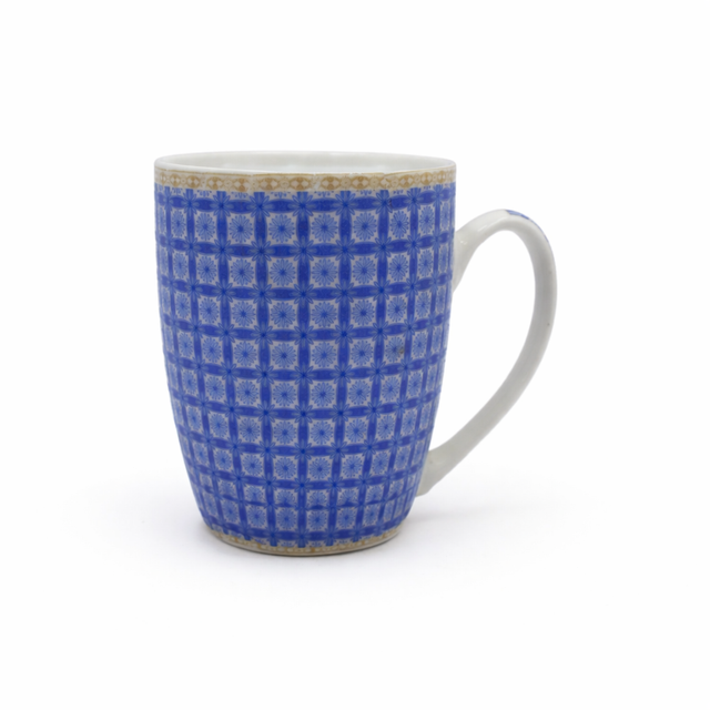 Cuire Blue Geometric Pattern Ceramic Coffee Mug | Mug for Him & Her | Perfect for Gifting | 370ml (Set of 1)