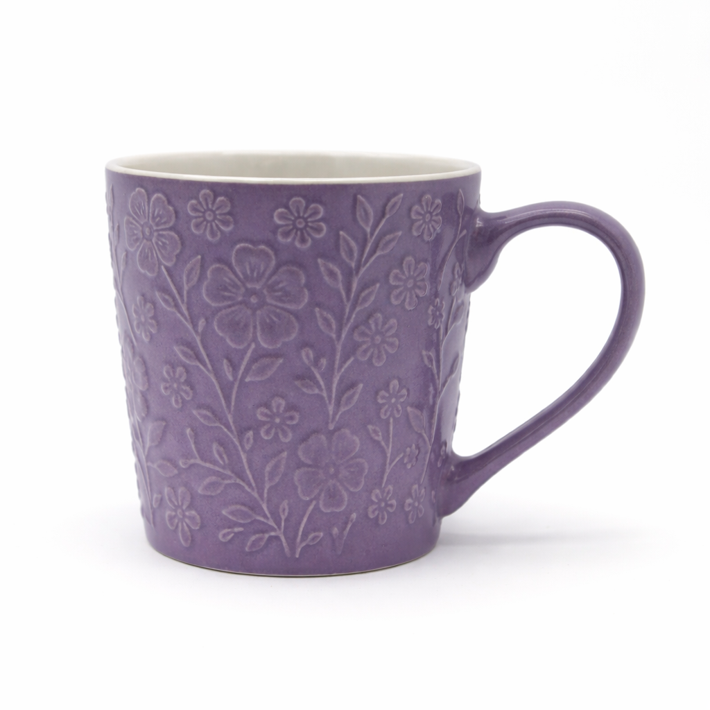 Cuire Floral Embossed Lavender Ceramic Coffee Mug | Mug for Him & Her | Perfect for Gifting | 520ml (Set of 1)