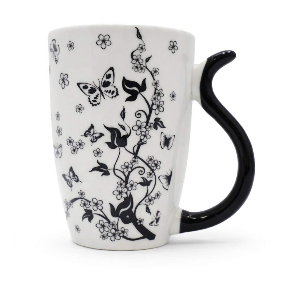 Cuire Floral White with Black Butterfly Ceramic Coffee Mug | Mug for Him & Her | Perfect for Gifting | 400ml (Set of 1)