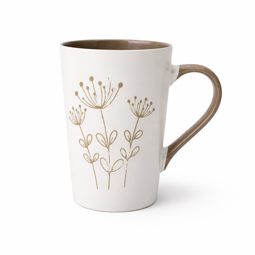 Cuire Beige Coloured Floral Embossed Ceramic Coffee Mug | Mug for Him & Her | Perfect for Gifting | 320ml (Set of 1)
