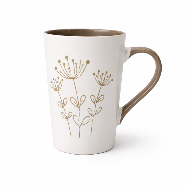 Cuire Beige Coloured Floral Embossed Ceramic Coffee Mug | Mug for Him & Her | Perfect for Gifting | 320ml (Set of 1)