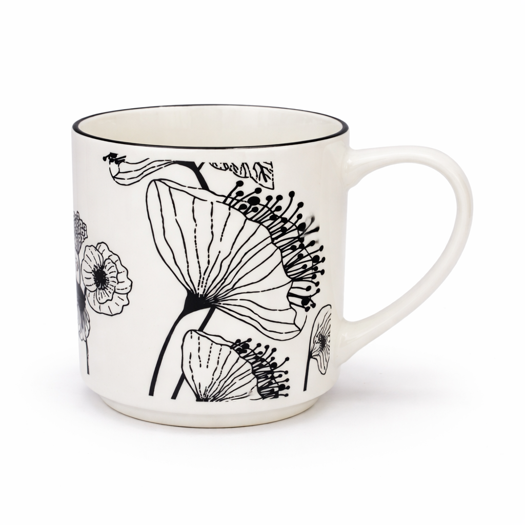 Cuire Floral Black & White Ceramic Coffee Mug | Mug for Him & Her | Perfect for Gifting | 350ml (Set of 1)