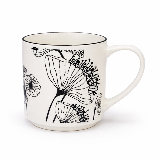 Cuire Floral Black & White Ceramic Coffee Mug | Mug for Him & Her | Perfect for Gifting | 350ml (Set of 1)