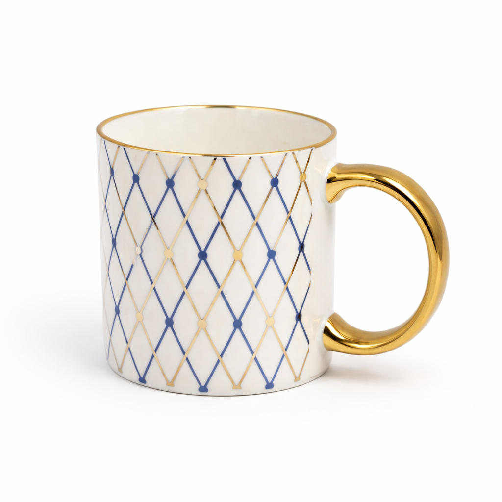 Cuire Royal Blue and Golden Diamond Pattern Ceramic Coffee Mug | Mug for Him & Her | Perfect for Gifting | 340ml (Set of 1)