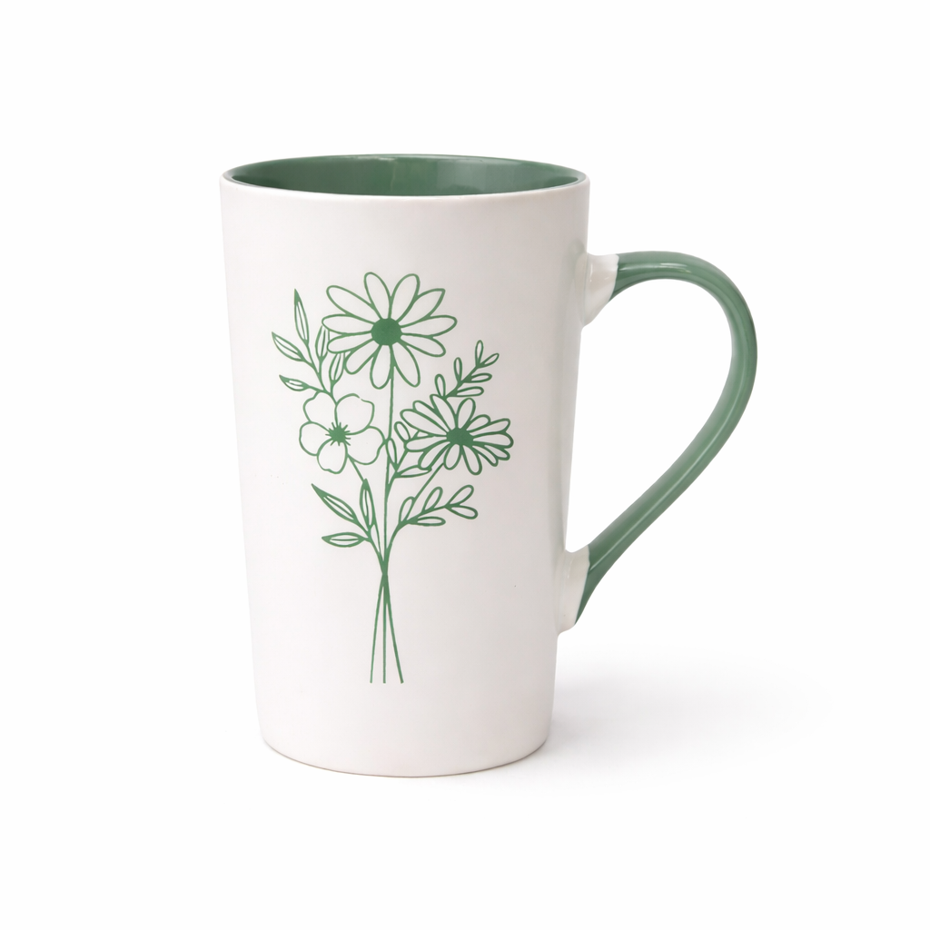 Cuire Green Coloured Floral Embossed Ceramic Coffee Mug | Mug for Him & Her | Perfect for Gifting | 320ml (Set of 1)
