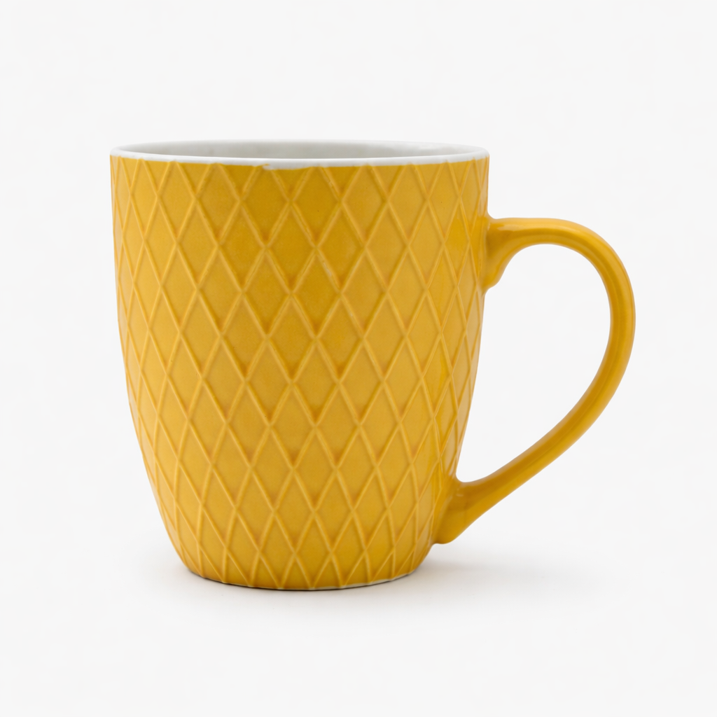 Cuire Diamond Pattern Yellow Ceramic Coffee Mug | Mug for Him & Her | Perfect for Gifting | 400ml (Set of 1)