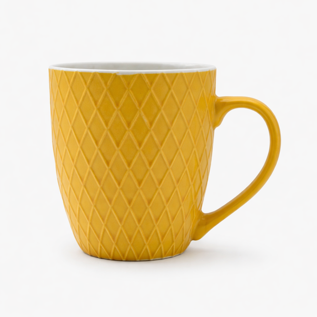 Cuire Diamond Pattern Yellow Ceramic Coffee Mug | Mug for Him & Her | Perfect for Gifting | 400ml (Set of 1)