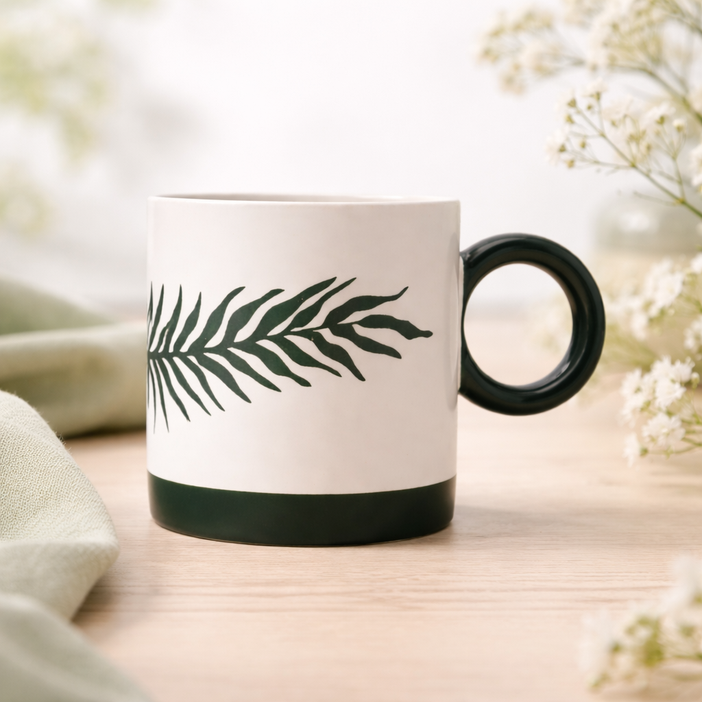 Cuire Green Fern Ceramic Coffee Mug | Mug for Him & Her | Perfect for Gifting | 370ml (Set of 1)