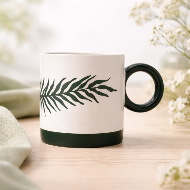 Cuire Green Fern Ceramic Coffee Mug | Mug for Him & Her | Perfect for Gifting | 370ml (Set of 1)