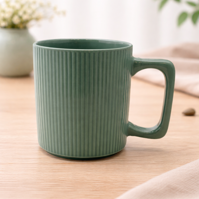 Cuire Ribbed Sage Green Ceramic Coffee Mug | Mug for Him & Her | Perfect for Gifting | 380ml (Set of 1)