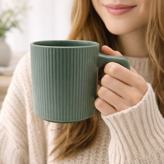 Cuire Ribbed Sage Green Ceramic Coffee Mug | Mug for Him & Her | Perfect for Gifting | 380ml (Set of 1)
