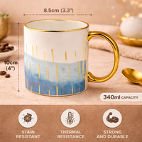 Cuire Blue and Golden Striped Ceramic Coffee Mug | Mug for Him & Her | Perfect for Gifting | 340ml (Set of 1)
