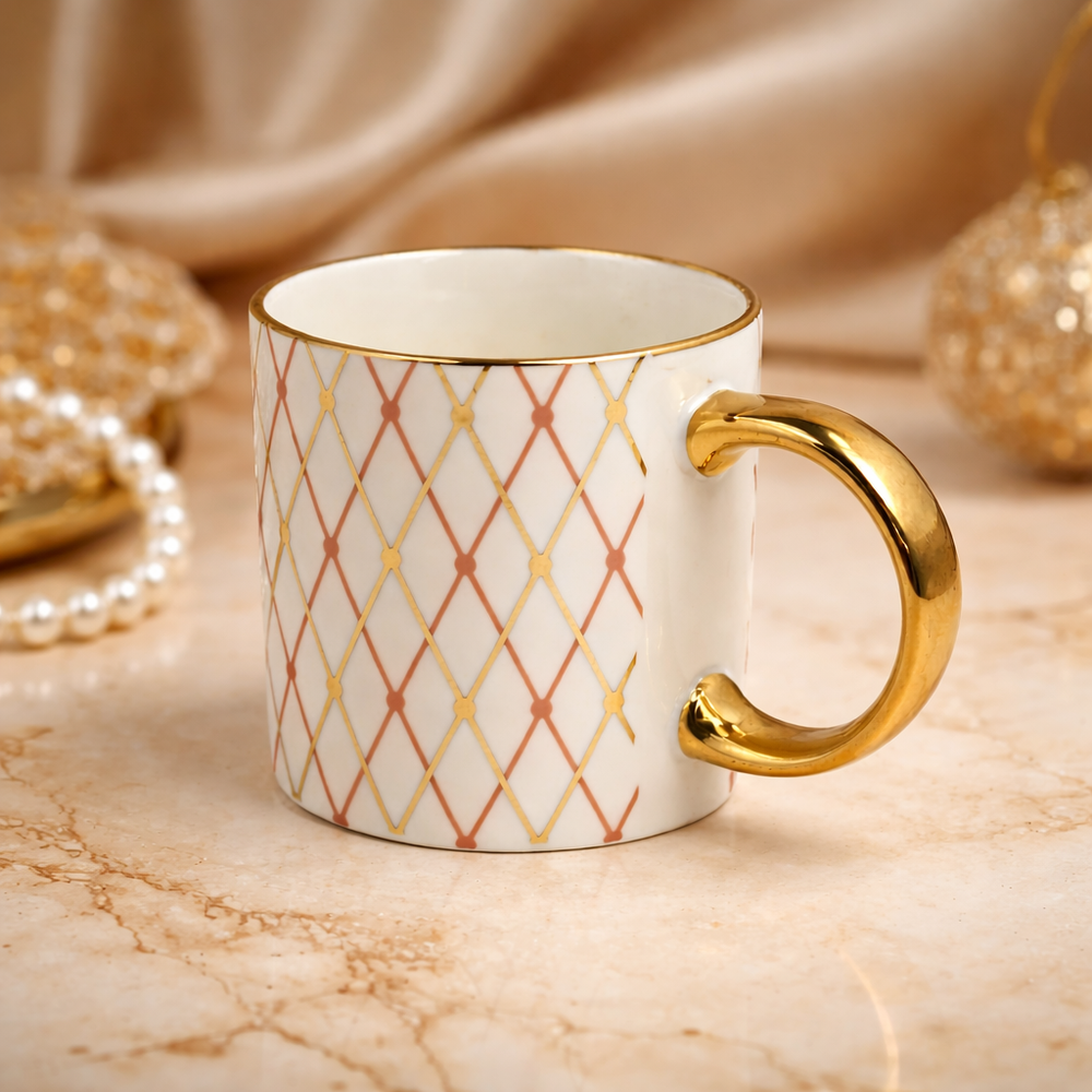 Cuire PInk and Golden Diamond Pattern Ceramic Coffee Mug | Mug for Him & Her | Perfect for Gifting | 340ml (Set of 1)