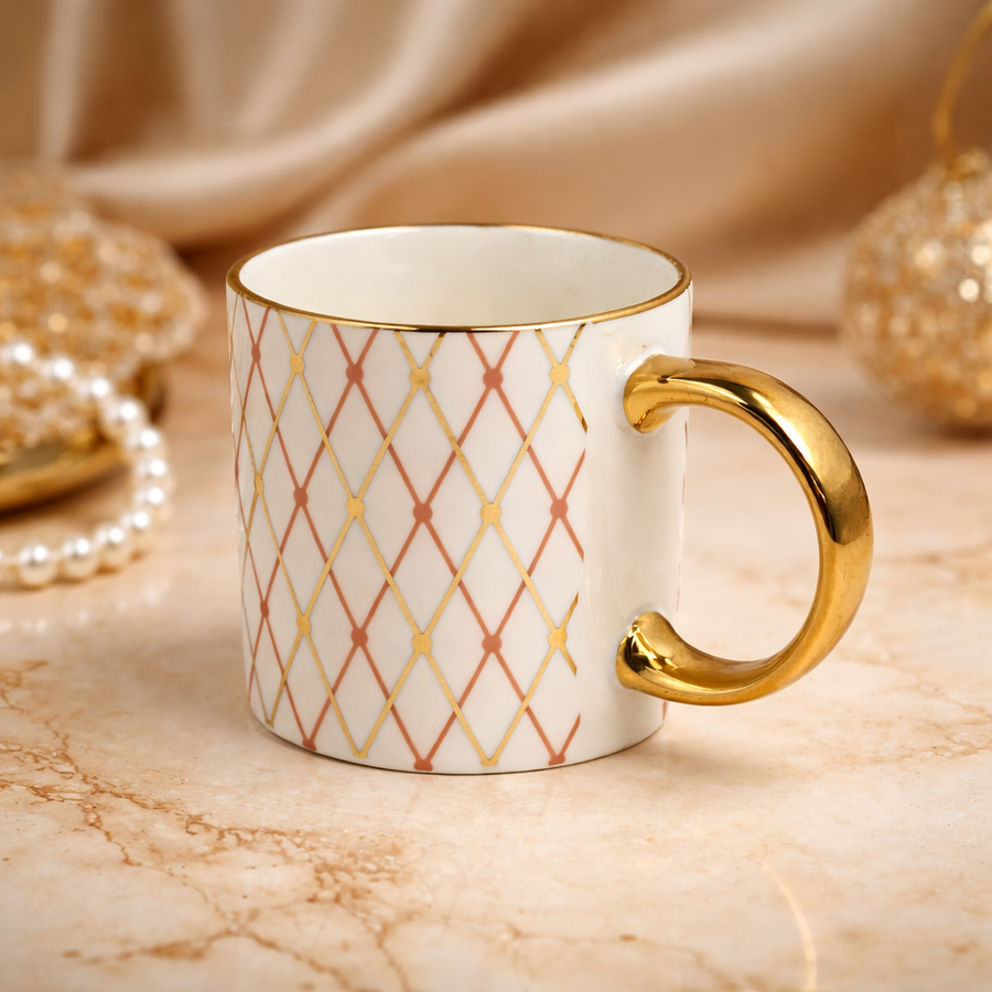 Cuire Aurora Luxe Gold Handle Coffee Mug – Premium Designer Ceramic Mug with Elegant Blush Lattice Pattern, 340ml Capacity | Perfect for Coffee, Tea & Gifting (Golden Pink)