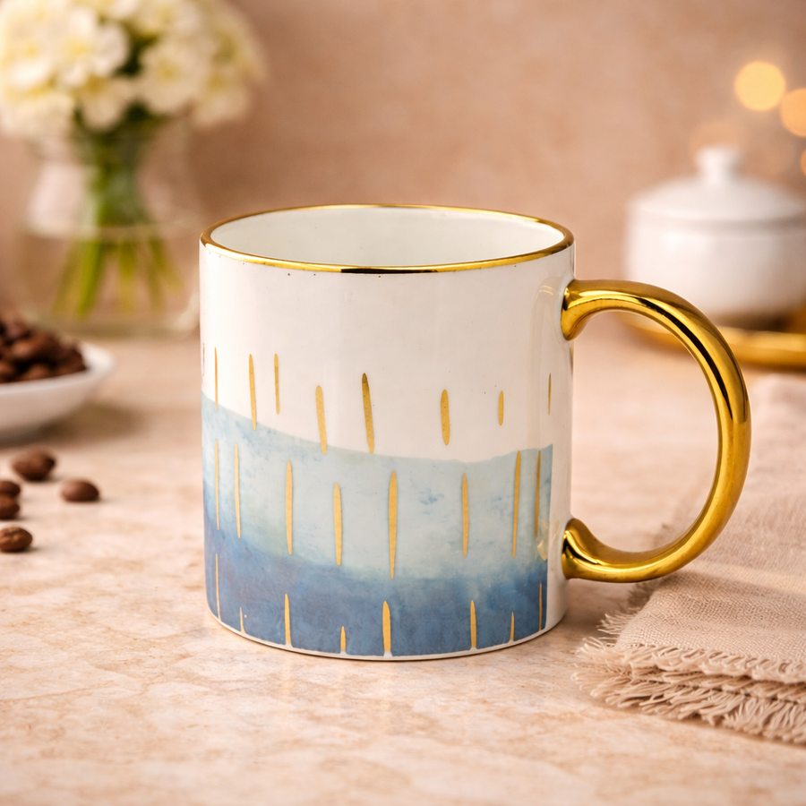 Cuire Azure Gold Waves Ceramic Coffee Mug 340ml | Blue Watercolor Design with Gold Handle & Rim | Stain Resistant, Thermal Resistant | Strong & Durable Tea & Coffee Cup (Blue with Golden Droplets)