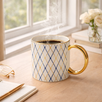 Cuire Aurora Luxe Gold Handle Coffee Mug – Premium Designer Ceramic Mug with Elegant Blush Lattice Pattern, 340ml Capacity | Perfect for Coffee, Tea & Gifting (Golden Light Blue)