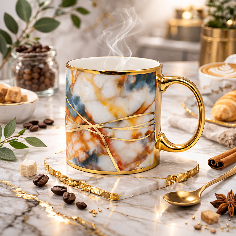 Cuire Coral and Golden Veins Design Ceramic Coffee Mug | Mug for Him & Her | Perfect for Gifting | 340ml (Set of 1)