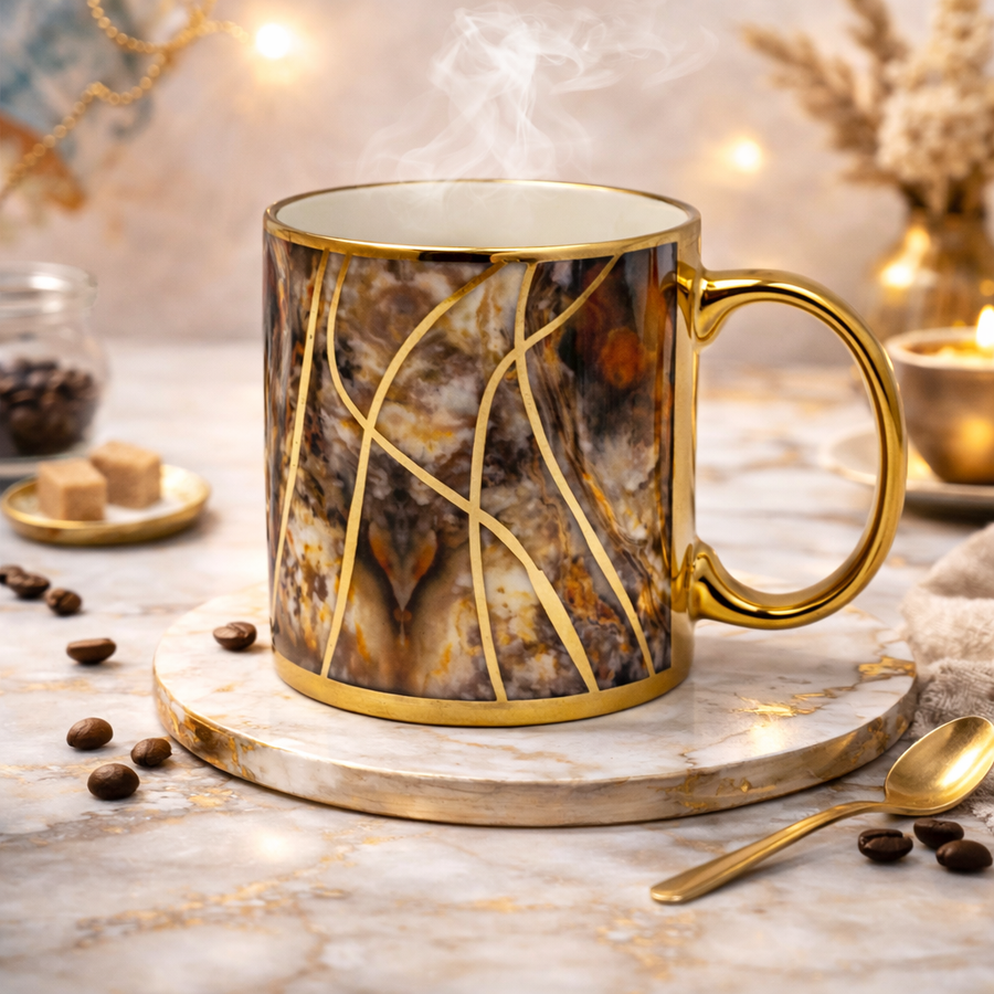 Cuire Golden Veins Designer Ceramic Mug |Stain Resistant, Thermal Resistant | Strong & Durable Premium Tea Cup| 340ml (Golden Veins with Granite)