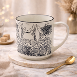 Cuire Floral Black & White Ceramic Coffee Mug | Mug for Him & Her | Perfect for Gifting | 350ml (Set of 1)