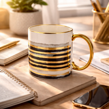 Cuire Azure Gold Waves Ceramic Coffee Mug 340ml | Blue Watercolor Design with Gold Handle & Rim | Stain Resistant, Thermal Resistant | Strong & Durable Tea & Coffee Cup (Black with Golden Stripes)