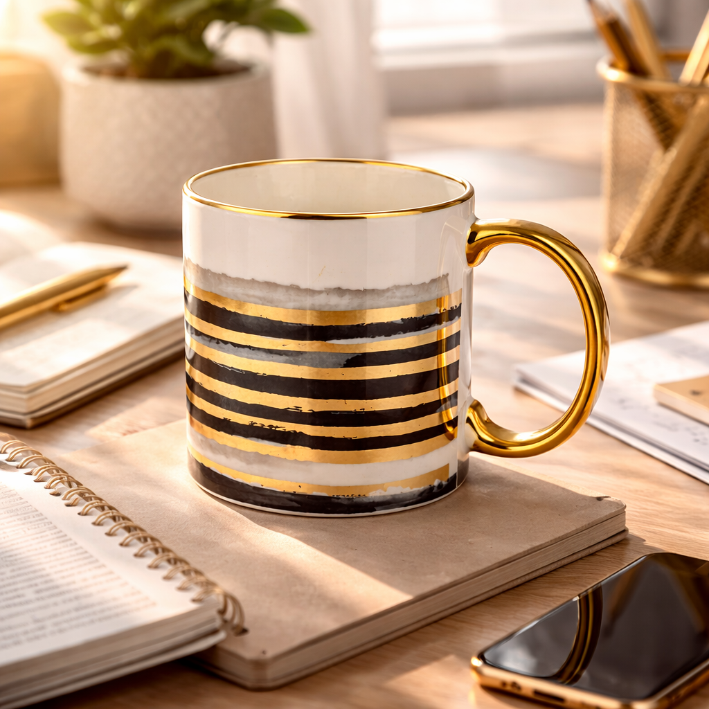 Cuire Azure Gold Waves Ceramic Coffee Mug 340ml | Blue Watercolor Design with Gold Handle & Rim | Stain Resistant, Thermal Resistant | Strong & Durable Tea & Coffee Cup (Black with Golden Stripes)