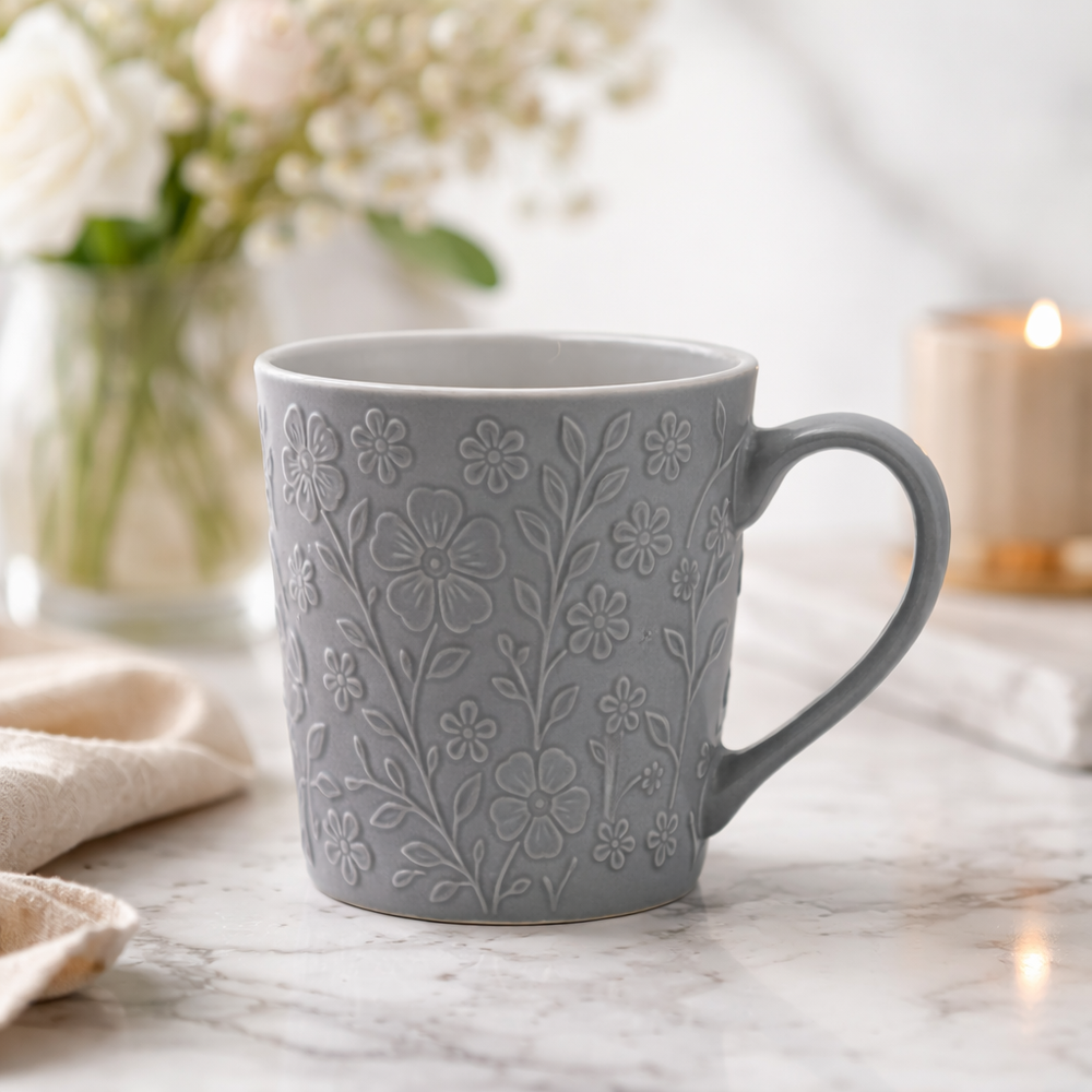 Cuire Floral Embossed Grey Ceramic Coffee Mug | Mug for Him & Her | Perfect for Gifting | 520ml (Set of 1)