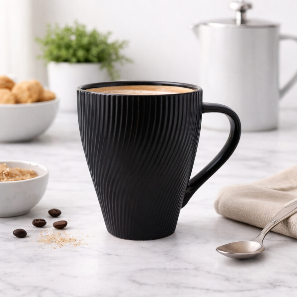 Cuire Black Ribbed Ceramic Coffee Mug | Mug for Him & Her | Perfect for Gifting | 360ml (Set of 1)