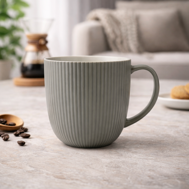 Cuire Solid Colour Ribbed Ceramic Coffee Mug | Mug for Him & Her | Perfect for Gifting | 350ml (Set of 1)