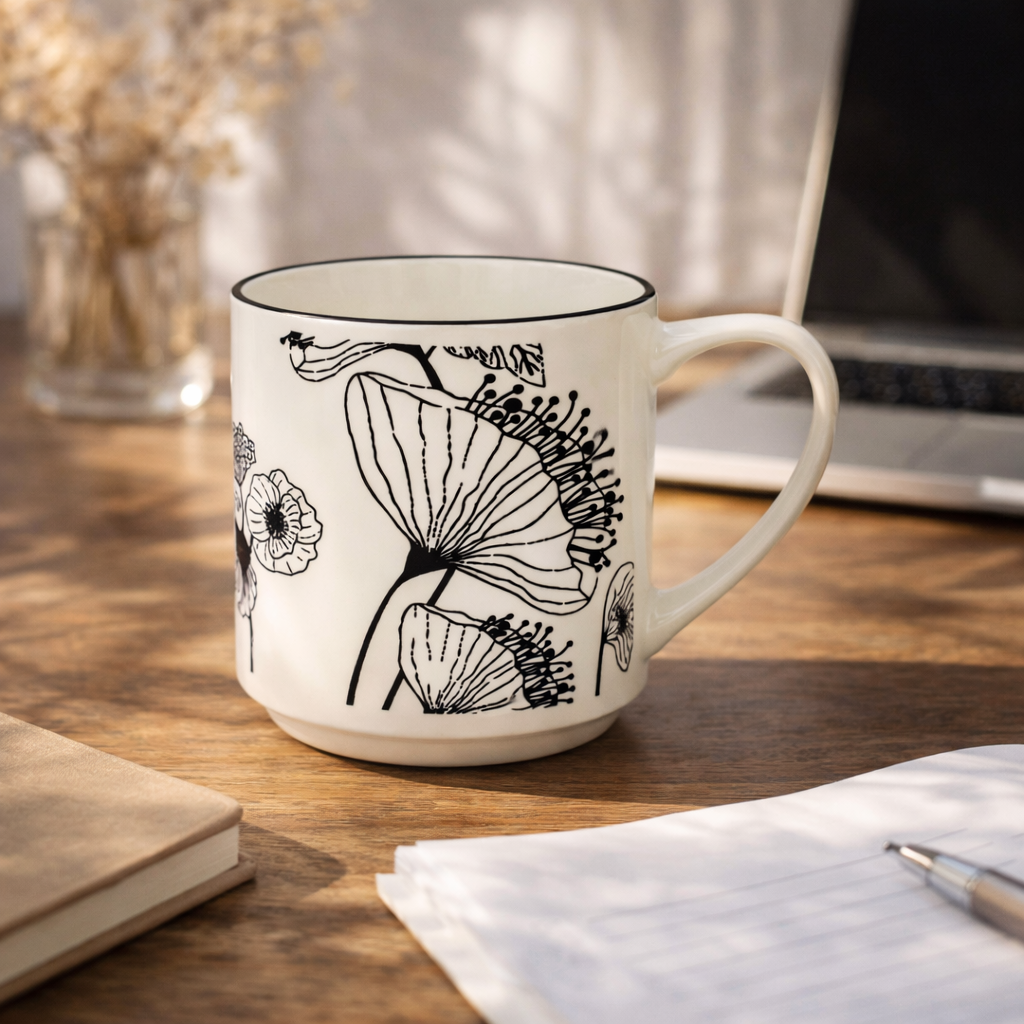 Cuire Floral Black & White Ceramic Coffee Mug | Mug for Him & Her | Perfect for Gifting | 350ml (Set of 1)