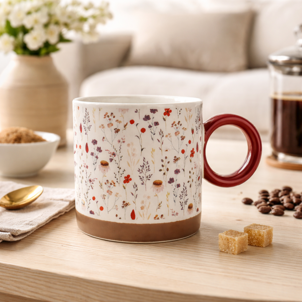 Cuire Red Wildflower Ceramic Coffee Mug | Mug for Him & Her | Perfect for Gifting | 370ml (Set of 1)