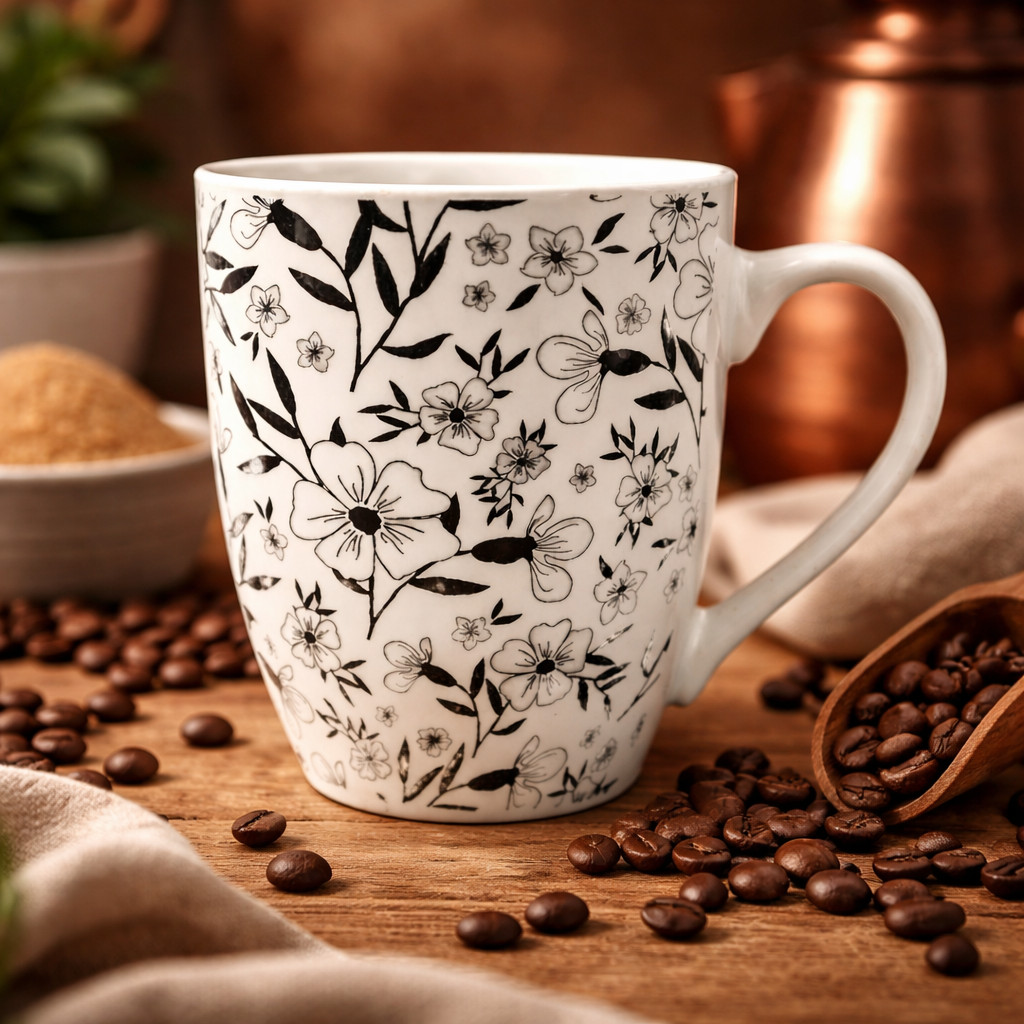 Cuire Black & White Floral Ceramic Coffee Mug | Mug for Him & Her | Perfect for Gifting | 350ml (Set of 1)