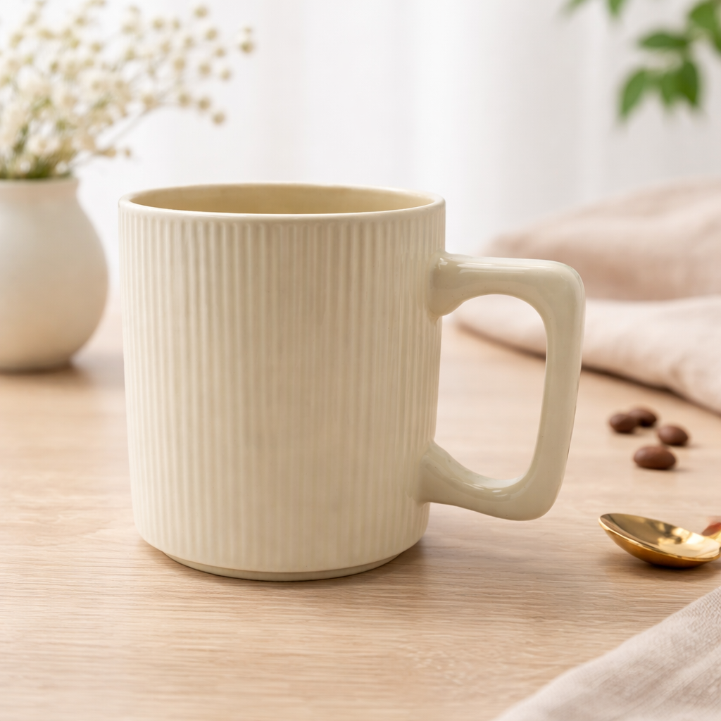 Cuire Ribbed White Ceramic Coffee Mug | Mug for Him & Her | Perfect for Gifting | 380ml (Set of 1)