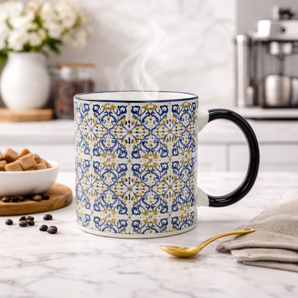 Cuire Blue Patterned Ceramic Coffee Mug | Mug for Him & Her | Perfect for Gifting | 370ml (Set of 1)