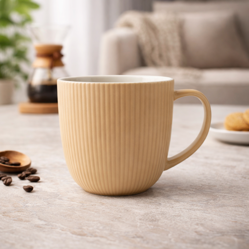 Cuire Solid Colour Ribbed Ceramic Coffee Mug | Mug for Him & Her | Perfect for Gifting | 350ml (Set of 1)